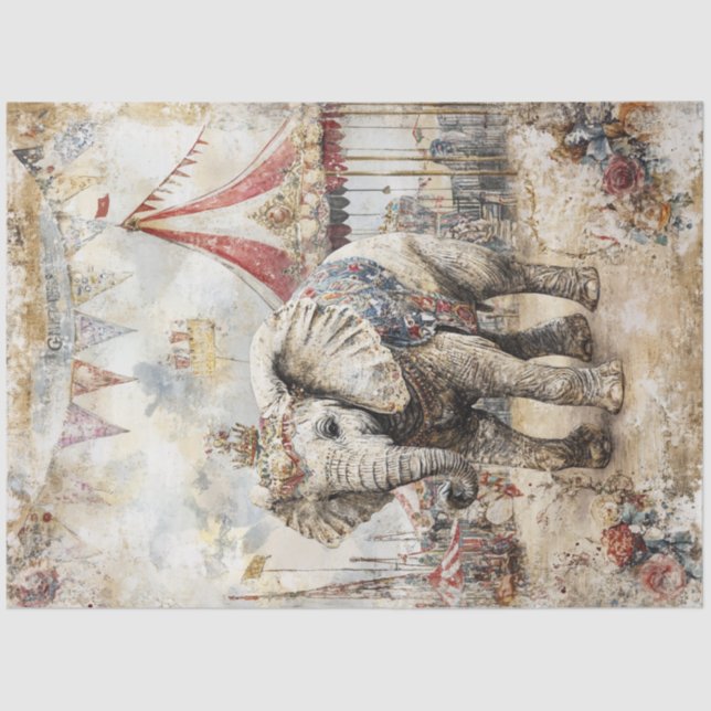 Decoupage Whimsical Vintage Elephant Circus Scene  Tissue Paper (Front)