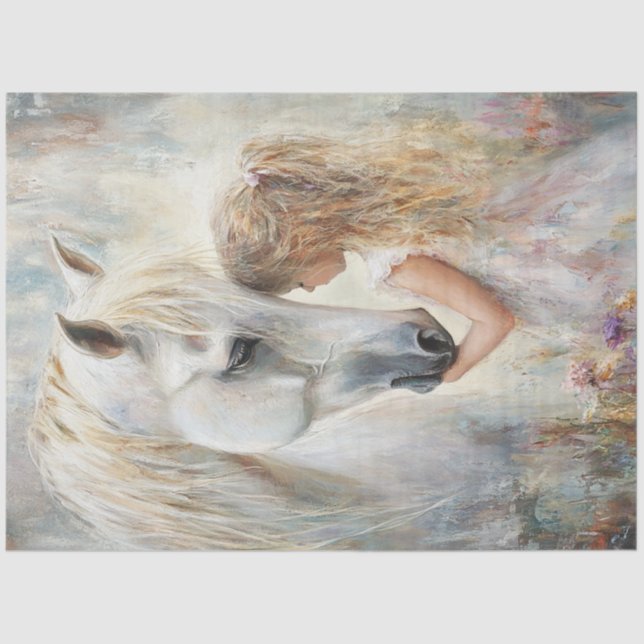 Decoupage Whimsical White Horse & Little Girl Tissue Paper (Front)
