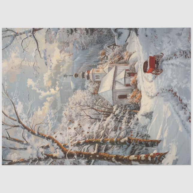 Decoupage Whimsical Winter Church Red Wagon  Tissue Paper (Front)