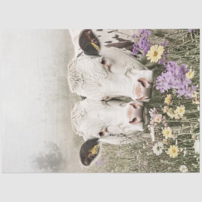 Decoupage White Cows in Field Wildflowers  Tissue Paper (Front)