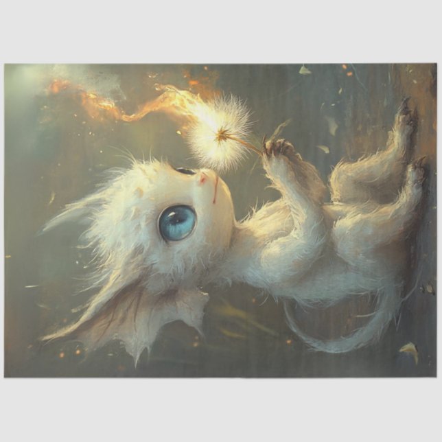 Decoupage White Furred Little Creature & Dandelion Tissue Paper (Front)