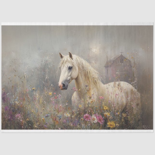 Decoupage White Horse Wildflower Field  Tissue Paper (Front)