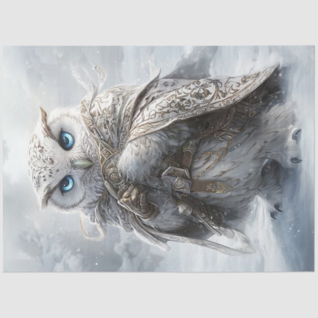 Decoupage White Owl Intricate Attire in Snow Scene Tissue Paper (Front)