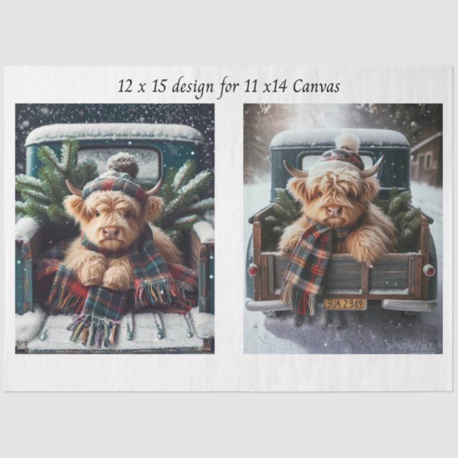 Decoupage Winter Highland Cow 11x14 Canvas Tissue Paper (Front)