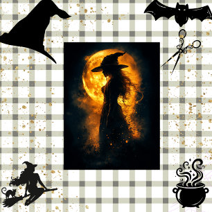 Decoupage Witch Silhouette Glowing Orange Moon  Tissue Paper