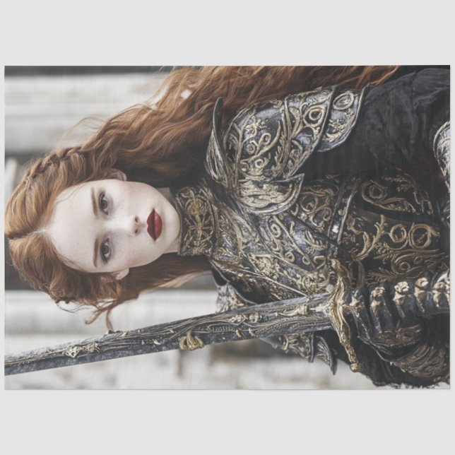 Decoupage Woman Red Hair Intricate Armour Sword Tissue Paper (Front)
