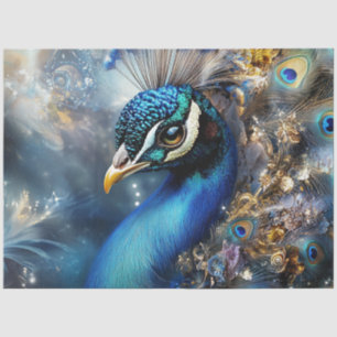 Decoupgae Mystical Peacock in Blue Beige Gold Hues Tissue Paper