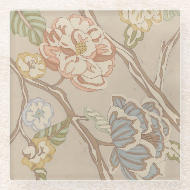 Decrative Organza Chintz Floral Design Glass Coaster (Front)