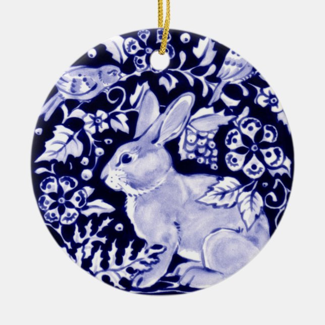 Dedham Blue Rabbit, Classic Blue & White Design Ceramic Ornament (Front)