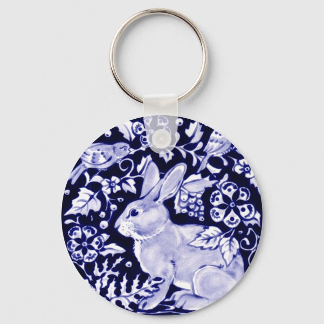 Dedham Blue Rabbit, Classic Blue & White Design Keychain (Front)
