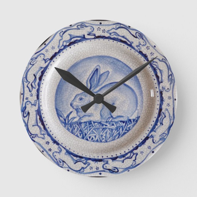 "Dedham Blue" Rabbit Design Clock, Blue & White Round Clock (Front)