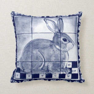 Dedham Rabbit Blue White Bunny Delft Tile Mural  Throw Pillow