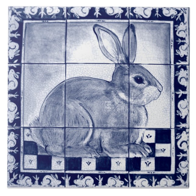 Dedham Rabbit Bunny Blue Vintage Mural Art Tile (Front)