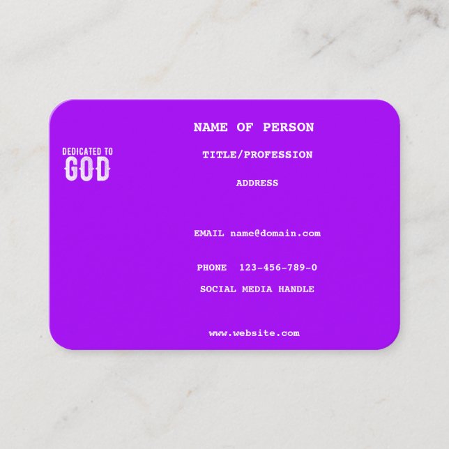 DEDICATED TO GOD COOL VIOLET CUSTOM WHITE TEXT BUSINESS CARD (Front)