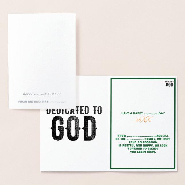 DEDICATED TO GOD  CUSTOMIZABLE COOL BLACK TEXT FOIL CARD (Display)
