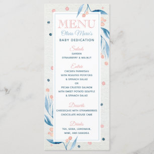 Dedication Celebration Menu Card, Blue, Blush Pink