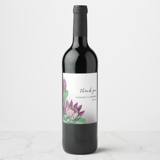 Deeep Purple King Protea Watercolor Art Wine Label (Front)