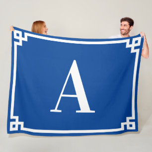 Deep and Blue White Greek Key Border Monogram A Fleece Blanket
