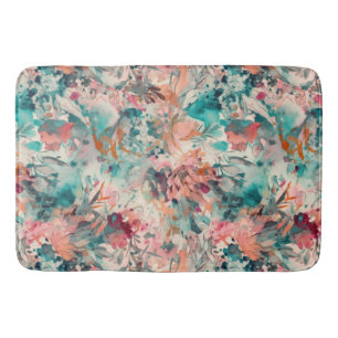 Deep Aqua, Peach, Mauve Floral Abstract Bath Mat