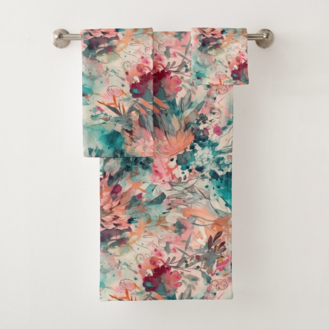 Deep Aqua, Peach, Mauve Floral Abstract Bath Towel Set (Insitu)