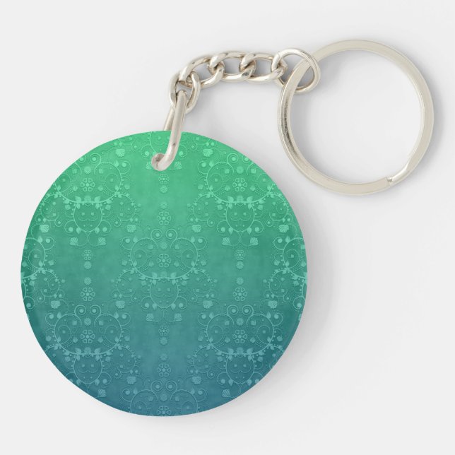 Deep Aquamarine Turquoise Green Damask Pattern Keychain (Back)