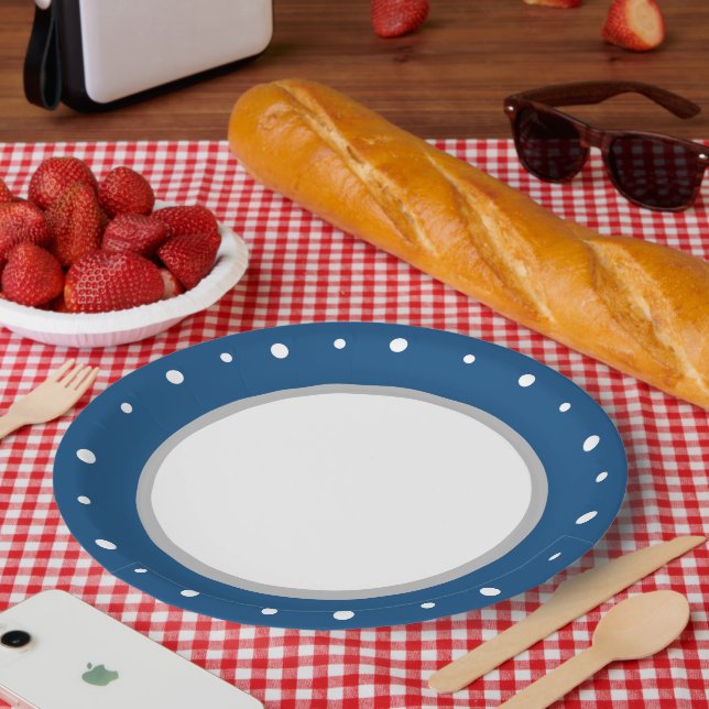 Deep Azure Blue Geometric White Polka Dots Paper Plate (Picnic)