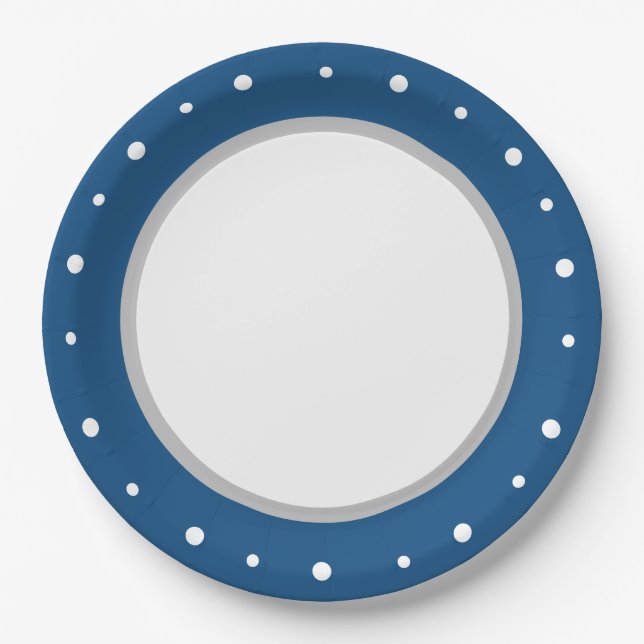 Deep Azure Blue Geometric White Polka Dots Paper Plate (Front)