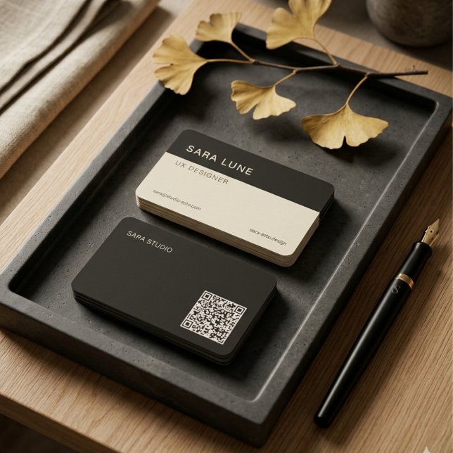 Deep Black Japandi Minimal QR Code Designer Studio Business Card (Deep Black Japandi Minimal QR Code Designer Studio Business Card)