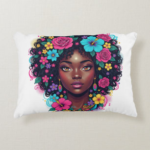 Deep Black Woman W/ Bright Flower Adorned Afro Accent Pillow