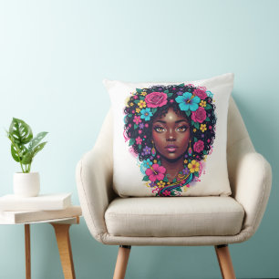 Deep Black Woman W/ Bright Flower Adorned Afro Throw Pillow