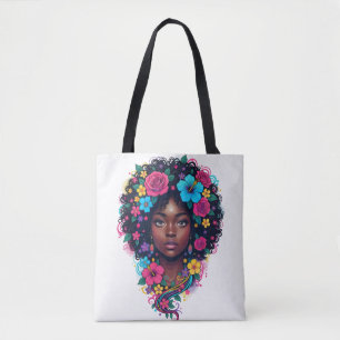 Deep Black Woman W/ Bright Flower Adorned Afro Tote Bag