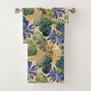 Deep Blue Agapanthus on Tan Bath Towel Set