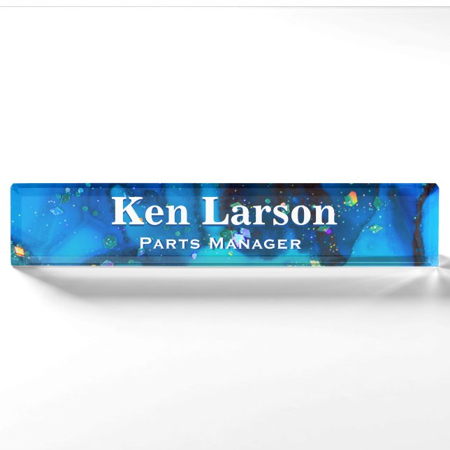 Deep Blue Alcohol Ink Desk Nameplate (Front)