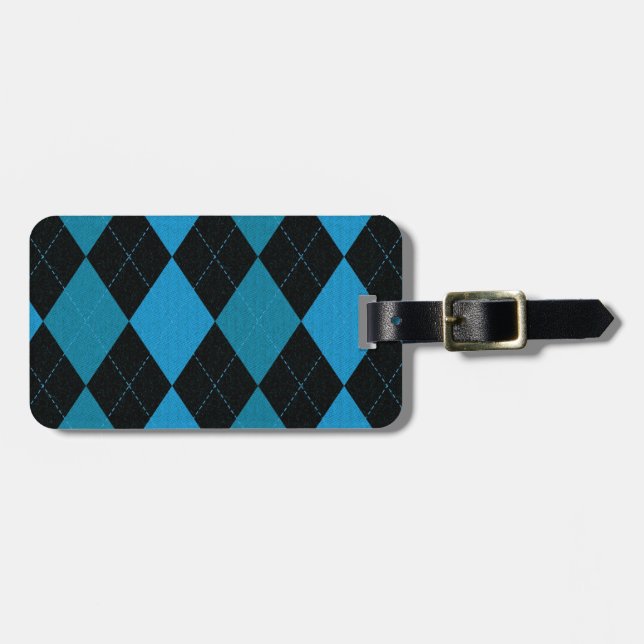 Deep Blue and Black Argyle Pattern Luggage Tag (Front Horizontal)