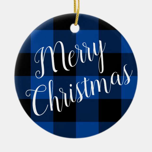 Deep Blue and Black Buffalo Plaid Merry Christmas Ceramic Ornament (Front)