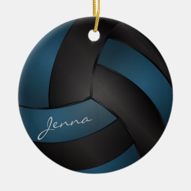 Deep Blue and Black Personalize Volleyball Ceramic Ornament (Front)