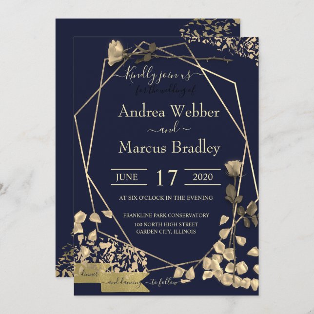 Deep Blue and Champagne Invitation (Front/Back)