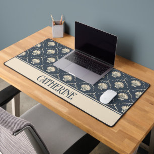 Deep Blue and Cream Seashell Pattern Personalized Desk Mat