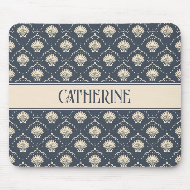 Deep Blue and Cream Seashell Pattern Personalized Mouse Pad (Front)