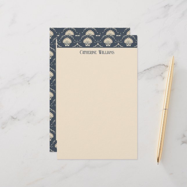 Deep Blue and Cream Seashell Pattern Personalized Stationery (Front/Back In Situ)