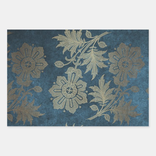 Deep Blue and Light Gold Flower Wrapping Paper Sheet (Front)