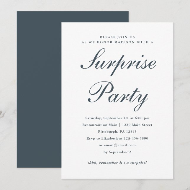 Deep Blue and White Classic Surprise Party Invitation (Front/Back)