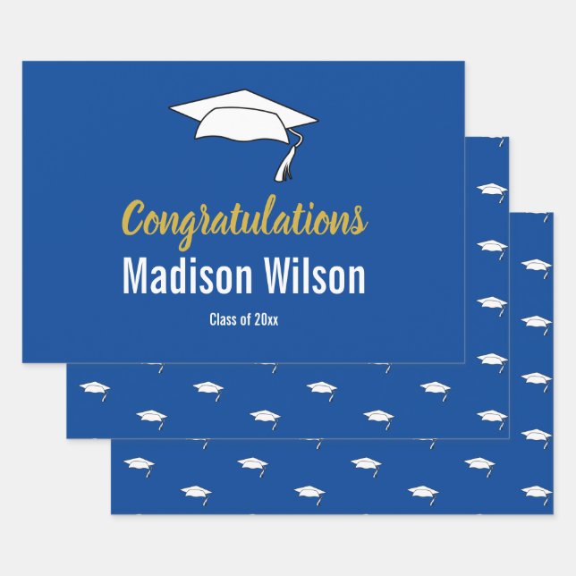 Deep Blue and White Graduation Congratulations Wrapping Paper Sheet (Set)