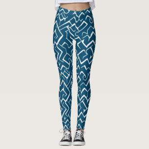 Deep Blue and White Meander Pattern Modern Maze Leggings