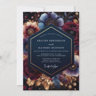 Deep Blue Botanical Bloom Wedding Invitation