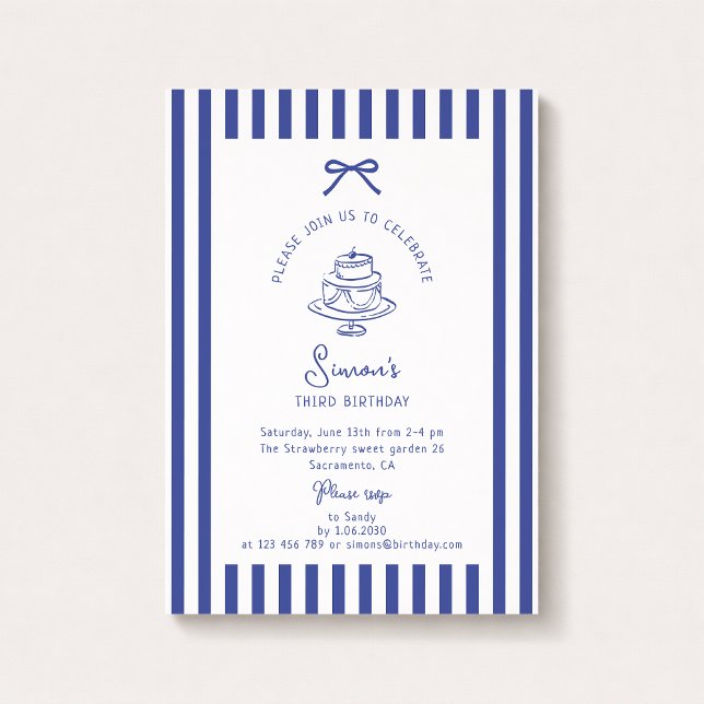 Deep Blue Bow, Striped Blue birthday  Invitation (Creator Uploaded)