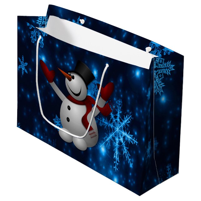 Deep Blue & Bright Snowflakes Snowman, Let It Snow Large Gift Bag (Front Angled)