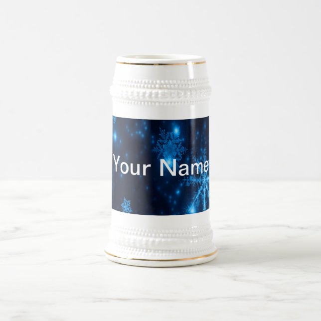 Deep Blue & Bright Snowflakes Stein Add Your Name (Center)