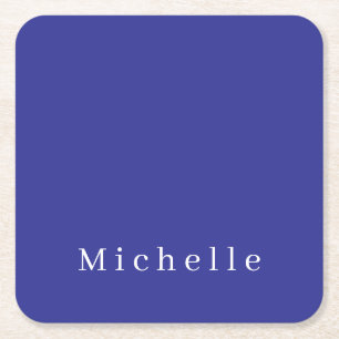 Deep Blue Color Plain Modern Own Name Minimalist Square Paper Coaster