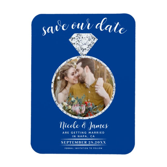 Deep Blue Diamond Ring Bling Photo Save the Date Magnet (Vertical)